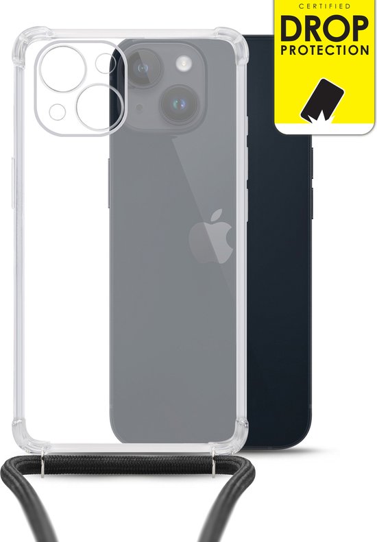 Coque transparente pour un iPhone 14. Cordon noir attaché en bas. Étiquette "Certified Drop Protection".