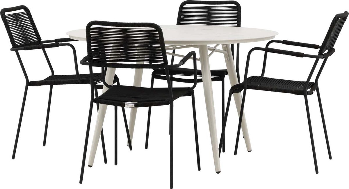 Moderne tuinmeubelset met ronde beige tafel en vier zwarte stoelen.