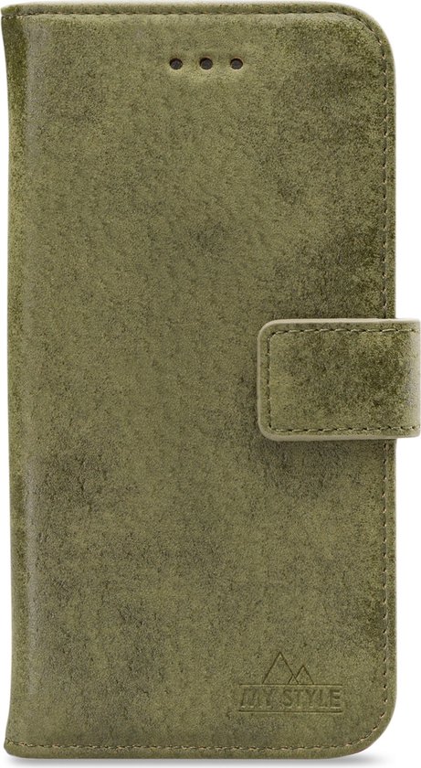 Étui de téléphone vert style portefeuille, fermé avec une fermeture à pression.