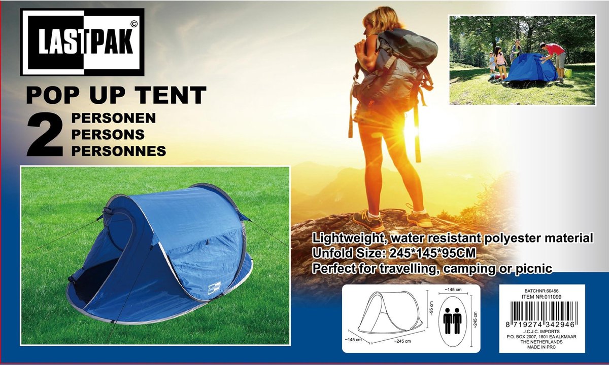 Pop Up Tent 245 X 145 X 95 Cm Waterdicht & Uv Beschermd - Blauw - 2 Persoons – foto 5
