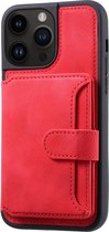 Anti-vol Luxe porte-cartes en cuir étui de téléphone pour iPhone 15 portefeuille ajuster support antichoc couverture arrière puissante couverture de téléphone rouge