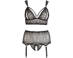 Cottelli Plus Size – Jarretel Set 3 Delig met Open Cups en Kruis voor Ondeugende Slaapkamer Spellen – Maat 4XL – Zwart