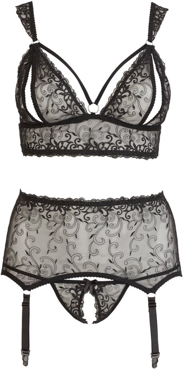 Goedkoopste Cottelli Plus Size – Jarretel Set 3 Delig met Open Cups en Kruis voor Ondeugende Slaapkamer Spellen – Maat 4XL – Zwart