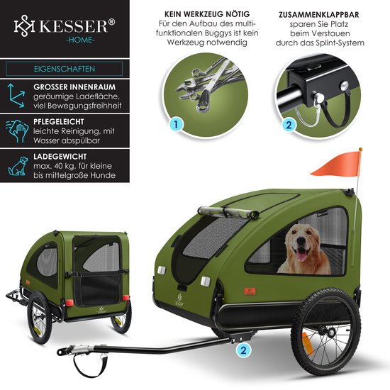 Groene hondenfietskar met golden retriever, in twee formaten en met bevestigingssysteem.