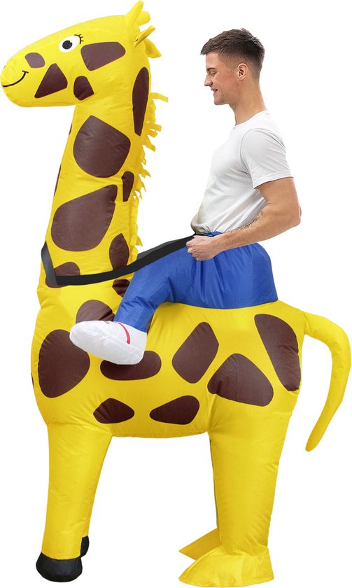 KIMU® Opblaas Kostuum Zittend Op Giraf - Opblaasbaar Pak - Giraffenpak Mascotte Opblaaspak - Opblaasbare Giraffe Dames Heren Festival