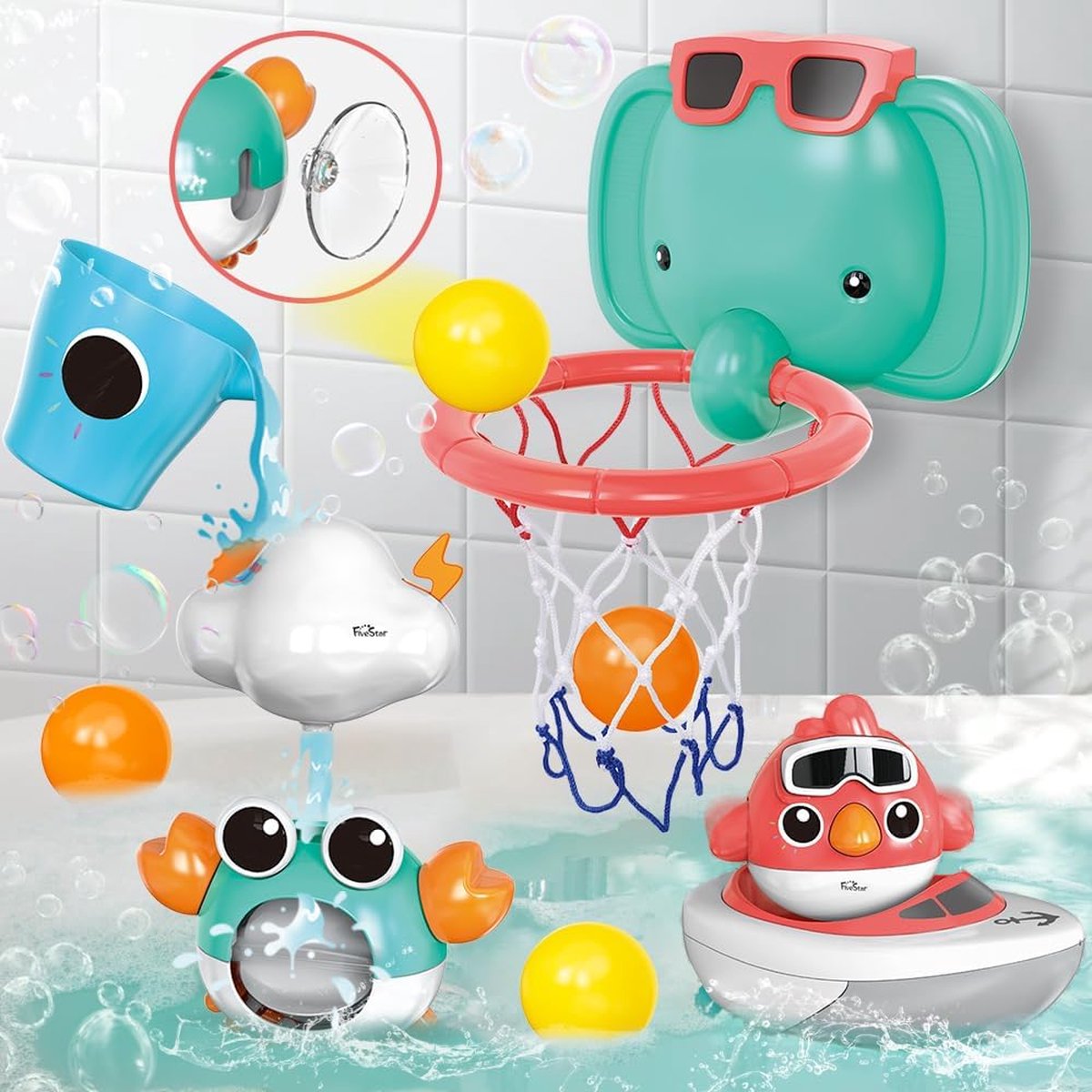 SHOP YOLO- Baby Badspeelgoed-6-in-1 drop-in speelgoed-olifant basketbal frame-vogel-krab-wolken-badspeelgoed voor kleine kinderen