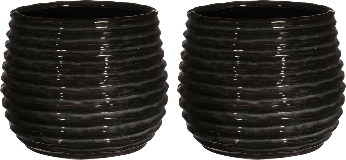 Ideas4seasons Bloempot/plantenpot Rise - 2x - ribbel - zwart - voor kamerplant - D14 x H10 cm