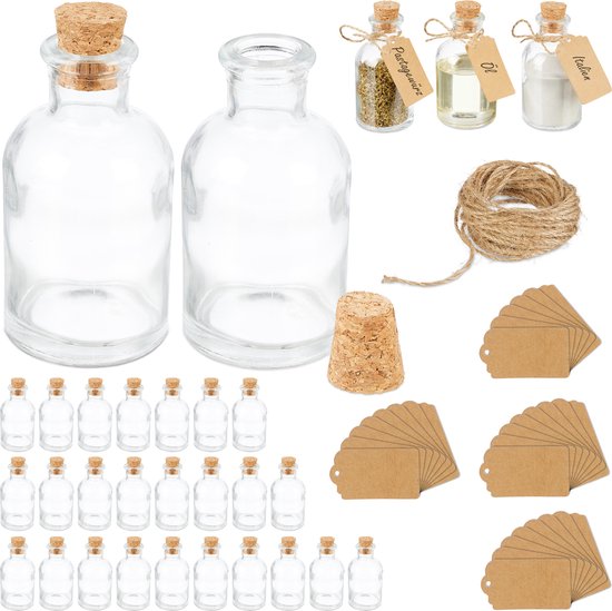 Relaxdays glazen flesjes, set van 20, 50ml, mini flessen om te vullen, schroefdop & kurk, shotflesje, transparant/zilver