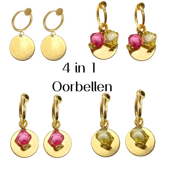 4 in 1- klem oorbellen- goudkleurig- Roze- geel- 1 paar- geen gaatje- Charme Bijoux