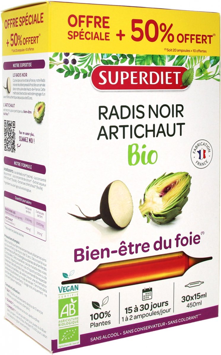 Superdiet Zwarte Radijs - Artisjok Biologisch 20 Ampullen + 10 Gratis Ampullen