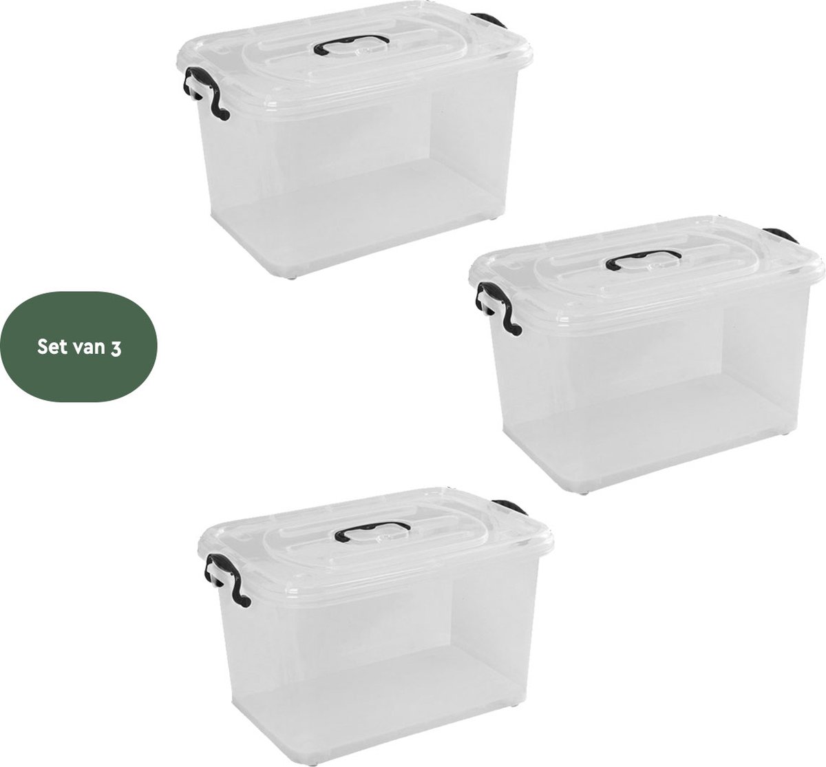 BRASQ Plastic Opbergbox 28 Liter - Set van 3 - Opbergdoos met deksel - Met Wieltjes