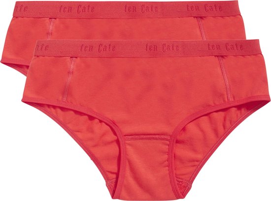Twee rode hipster broekjes met Ten Cate logo op de tailleband.