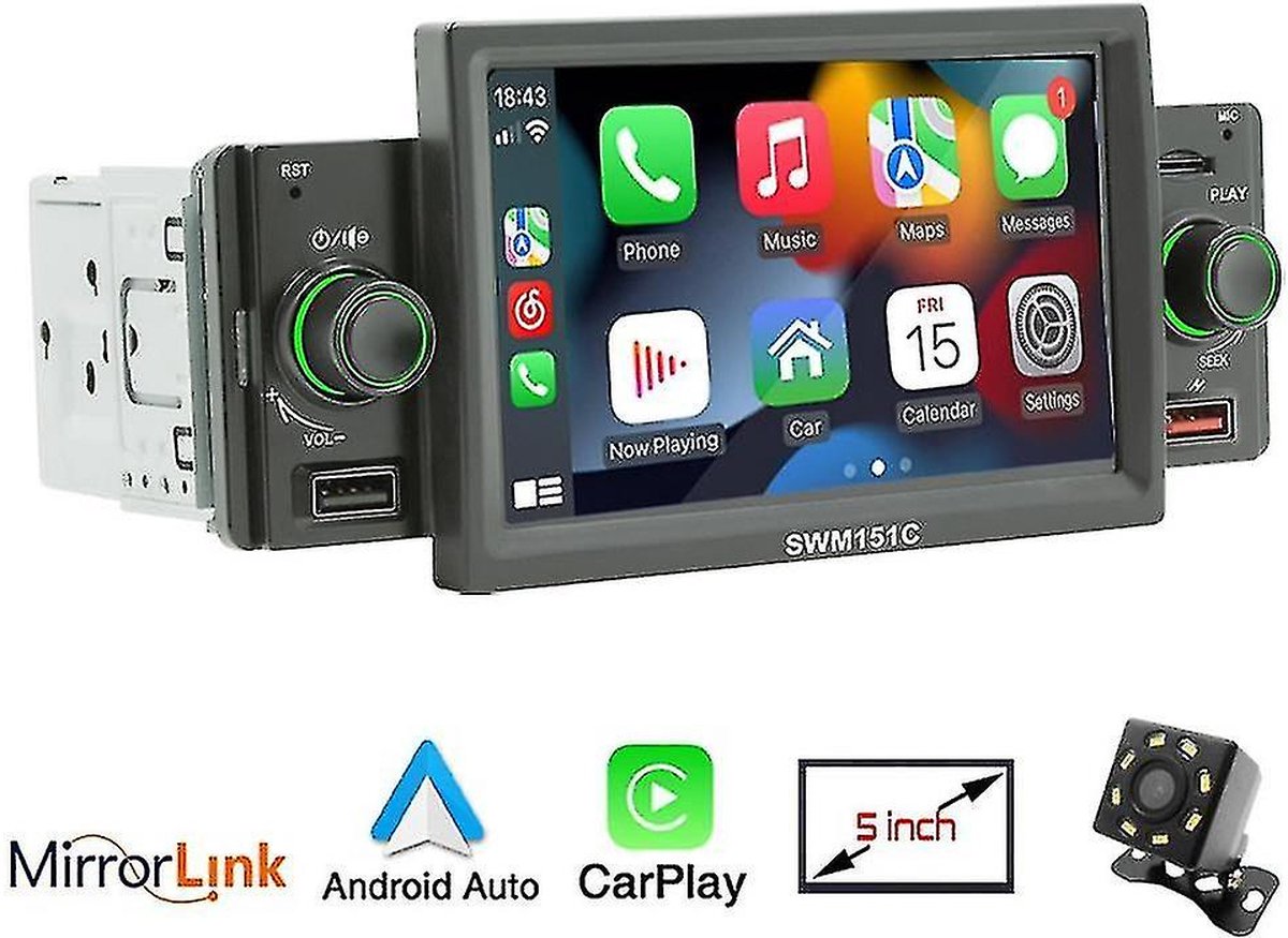 Autoradio - 1 DIN - Apple Carplay - Android Auto - Bluetooth - Usb - Achteruitrijcamera
