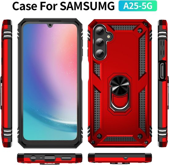 Rood telefoonhoesje met anti-shock hybride pantser, ringstandaard, voor Samsung A25 5G.