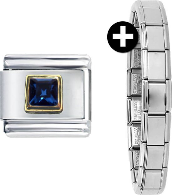 Schakel/Bedel - Zirconia - plus armband - 9mm - Geschikt voor Nomination armband - Schakelarmband - Donker Blauw