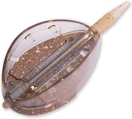 Amorce ovale et transparente avec un design moucheté brun et une pointe beige, tournée sur le côté.