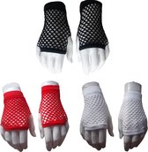 BamBella® - 3 stuks Handschoenen Visnet zwart rood wit vingerloze Elastisch gothic