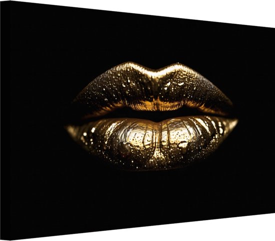 Gouden lippen met waterdruppels - Lippen wanddecoratie - Schilderijen goud - Wanddecoratie klassiek - Schilderijen op canvas - Decoratie muur - 100 x 75 cm 18mm