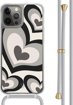 Casimoda® hoesje met grijs koord - Geschikt voor iPhone 12 Pro - Hart Swirl Zwart - Afneembaar koord - TPU/polycarbonaat - Zwart