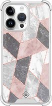 Casimoda® hoesje - Geschikt voor iPhone 14 Pro Max - Stone grid marmer / Abstract marble - Shockproof case - Extra sterk - TPU/polycarbonaat - Roze, Transparant