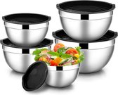 Mengkom, 5-delige set, roestvrijstalen kom met deksel voor het opbergen van keuken, zilveren roestvrijstalen mengkomset voor het koken van levensmiddelen, salade, braden (set van 5)