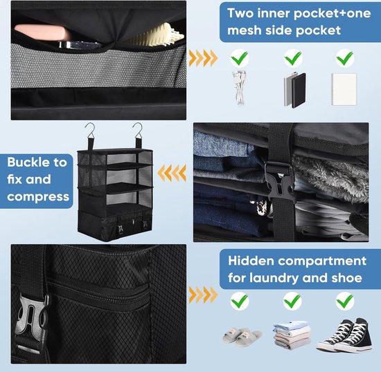 Aomiduo Opknoping Verpakking Kubussen Draagbare Kast Planken Reizen Opvouwbare Oxford Compressie Kledingstuk Organisatoren voor Carry-on Bagage Koffer met Ademend Geperforeerd Materiaal Groot, Zwart