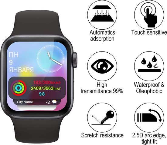 Een zwart Apple Watch met iconen die functies zoals automatische adsorptie en waterdichtheid weergeven.