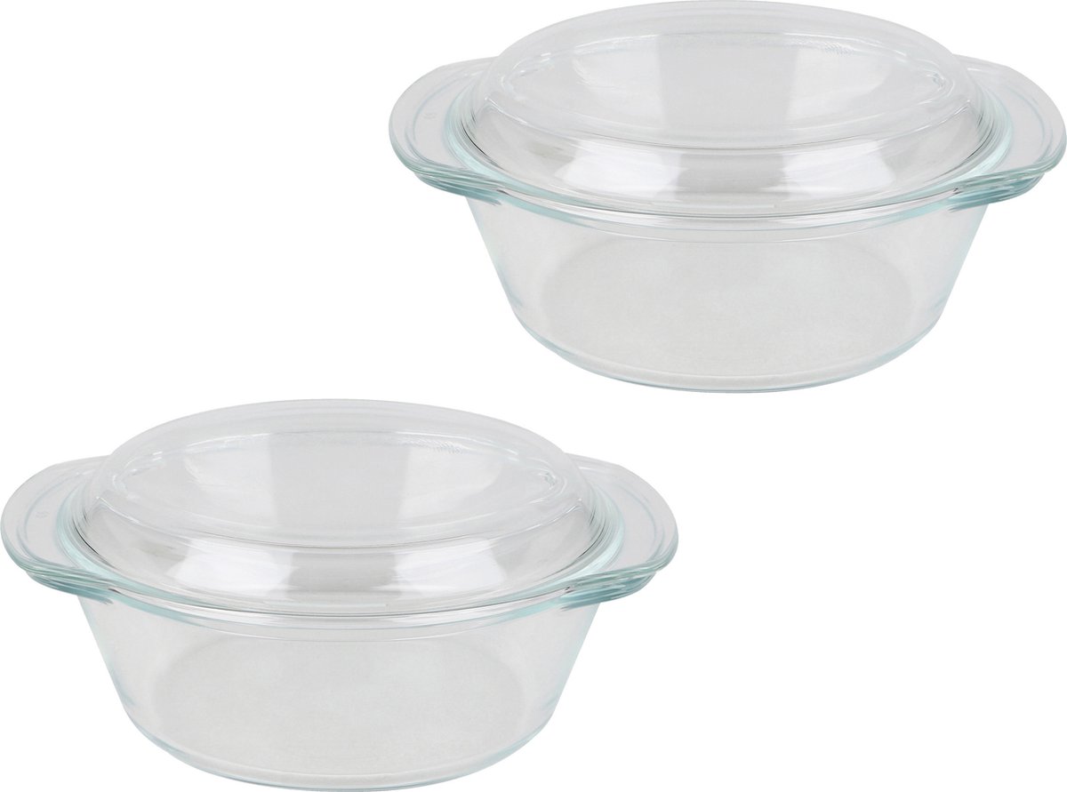 Chef Traiteur Ovenschaal van borosilicaat glas met deksel - 2x - rond - 1.5 Liter - 24 x 21 x 10 cm