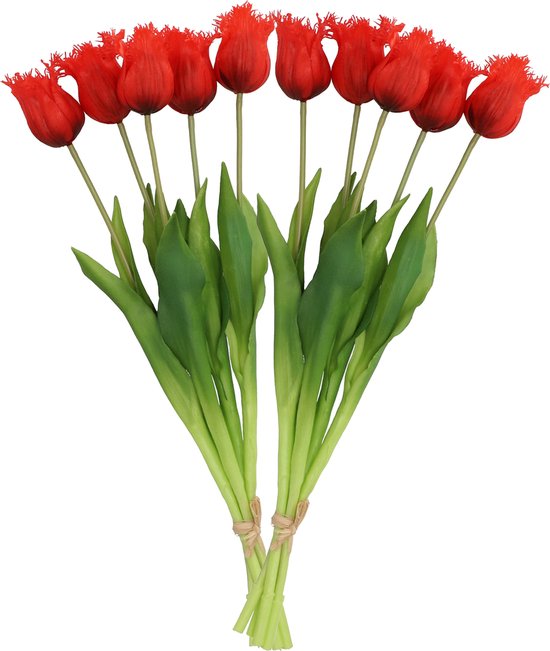 DK Design Kunst tulpen boeket - 10x stuks - rood - real touch - 46 cm - levensechte kunstbloemen