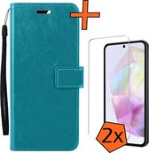 Hoesje Geschikt voor Samsung A35 Hoes Bookcase Flipcase Book Cover Met 2x Screenprotector - Hoes Geschikt voor Samsung Galaxy A35 5G Hoesje Book Case - Turquoise