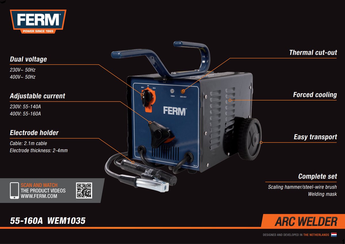 FERM - WEM1035 - Lasapparaat - 55-160 Ampere - 230V - of - 400V - Overhittingsbeveiliging - Inclusief - Bikhamer - Laskap - Krachtig - Booglasapparaat - Lasapparaat elektrode - Lasapparaat electrisch - Krachtstroom lasser - 400 Volt – foto 5