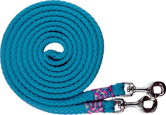 Teugels met gevlochten afwerking turquoise/wit/roze maat cob/full (3 meter) | roze, blauw, sturen, touwproducten, paard