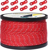 50 m reflecterend koord, guy touwen, outdoor tent, geleidingstouw, 100% nylon koord, windlijn met 10 stuks aluminiumlegering spanners voor camping (rood, diameter 3 mm)