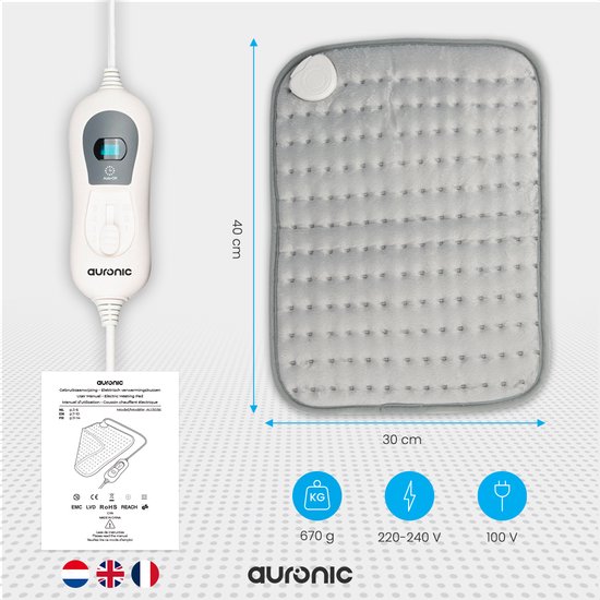 Lichtgrijs Auronic warmtekussen met afmetingen 40x30cm, weegt 670g, 220-240V, 100W, met bedieningspaneel.