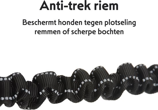 Close-up van de zwarte, flexibele band van een hondengordel met reflecterende stiksels.