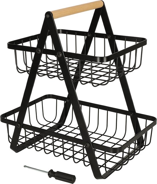 3-laagse fruitmand etagère met houten handvat - Opbergruimte voor fruit