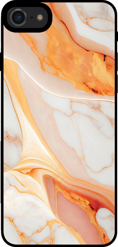 iPhone SE hoesje met oranje en witte marmer textuur, zwarte rand.