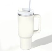 Drinkbeker - Wit - 1200ML - Drinkfles - Waterfles - Bidon - Beker met deksel - Thermosbeker - Tumbler - Met Rietje Volwassenen - Kinderen - Thermosfles - RVS Fles - Koffie To Go - travel mug - Ijskoffie Beker - Handle