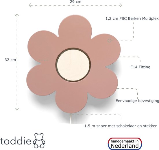 Houten wandlamp kinderkamer | Bloem - terra roze | toddie.nl