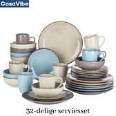 CasaVibe Luxe Serviesset – 32 delig – 8 persoons – Porselein - Bordenset – Dinner platen – Dessertborden - Kommen - Mokken - Set - Grijs - Wit - Blauw