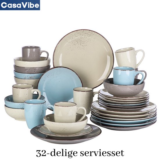 CasaVibe Service de table de Luxe - 32 pièces - 8 personnes - Porcelaine - Service d'assiettes - Assiettes Assiettes à dessert - Bols - Mugs - Set - Grijs - Wit - Blauw