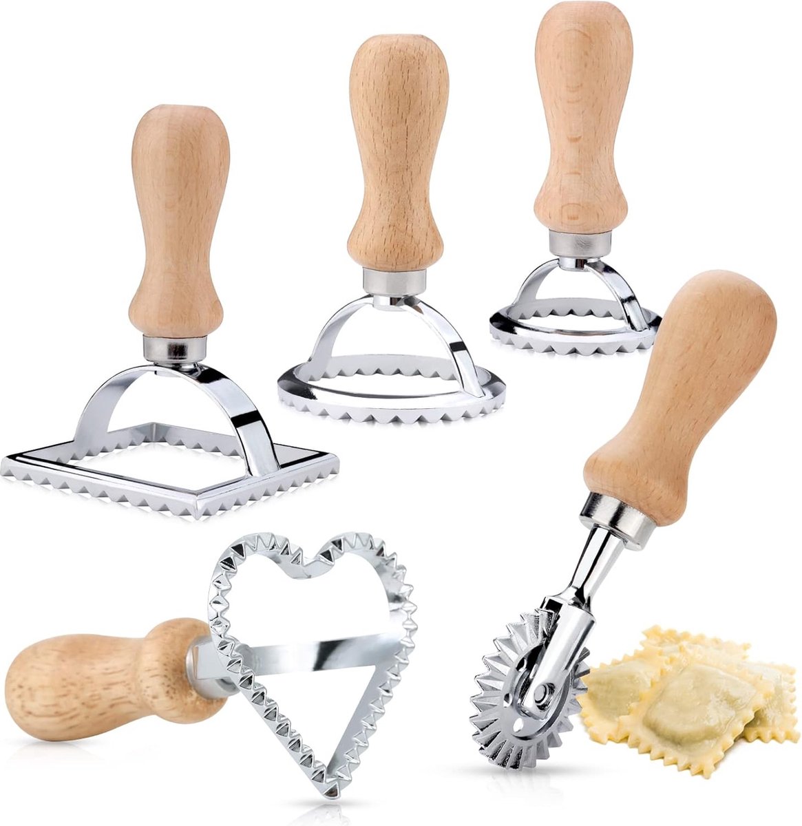 Ravioli Koekjesvormer set van 5 4 Ravioli-vormers met houten handvat en pizzaverdeler vierkante ronde raviolimaker wielhartmaker vormravioli-snijder voor ravioli pasta knoedelgereedschap