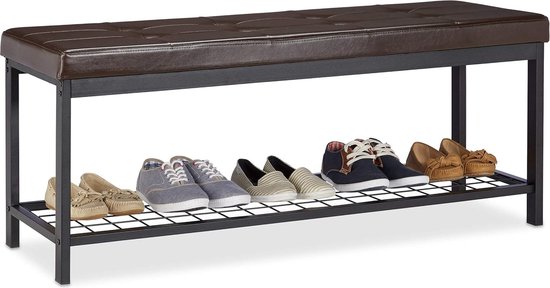 schoenenbank XXL, bekleding van PU leer, metaal, HBD 49 x 115 x 40 cm, schoenenrek, open halbank, bruin