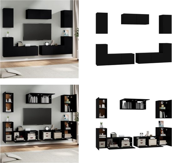 vidaXL 7-delige Tv-meubelset bewerkt hout zwart - Tv-kast - Tv-kasten - Tv-meubel - Hifi-meubel