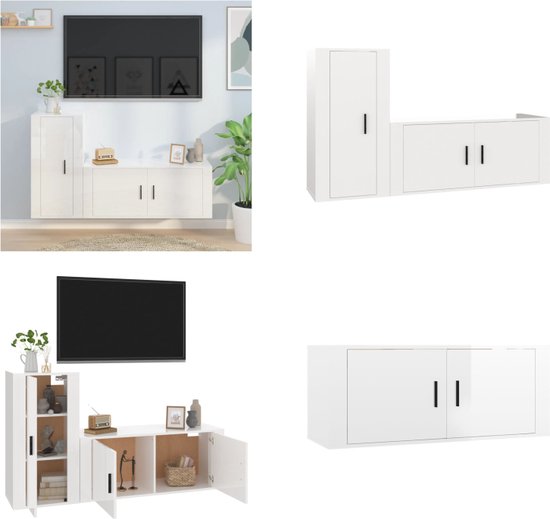 vidaXL 2-delige Tv-meubelset bewerkt hout hoogglans wit - Tv-kast - Tv-kasten - Tv-meubel - Hifi-meubel