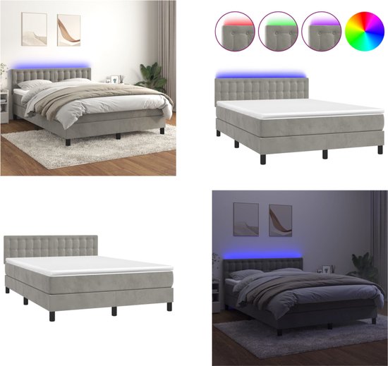 vidaXL Boxspring met matras en LED fluweel lichtgrijs 140x190 cm ...