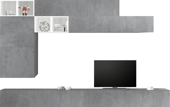 TV-wandmeubel Sako in hoogglans wit met grijs beton