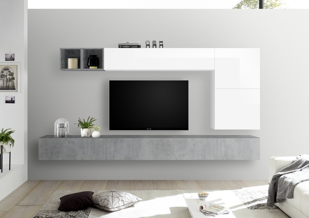 TV-wandmeubel Dorado in hoogglans wit met grijs beton