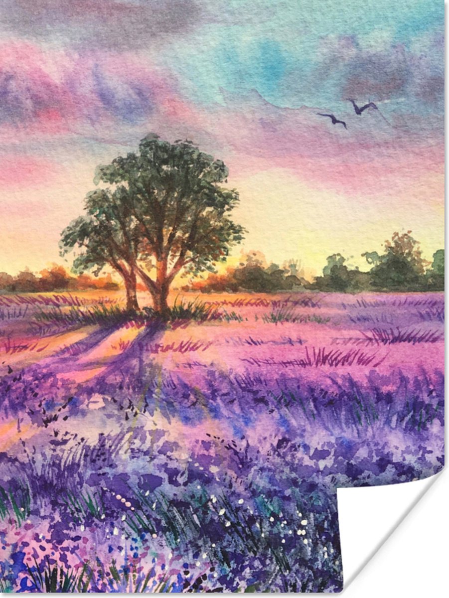 Poster Lavendel - Verf - Vogels - Bomen - Paars - 90x120 cm
