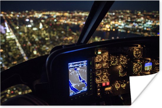 New York vanuit helikopter cockpit poster 120x80 cm - Foto print op Poster (wanddecoratie woonkamer / slaapkamer)